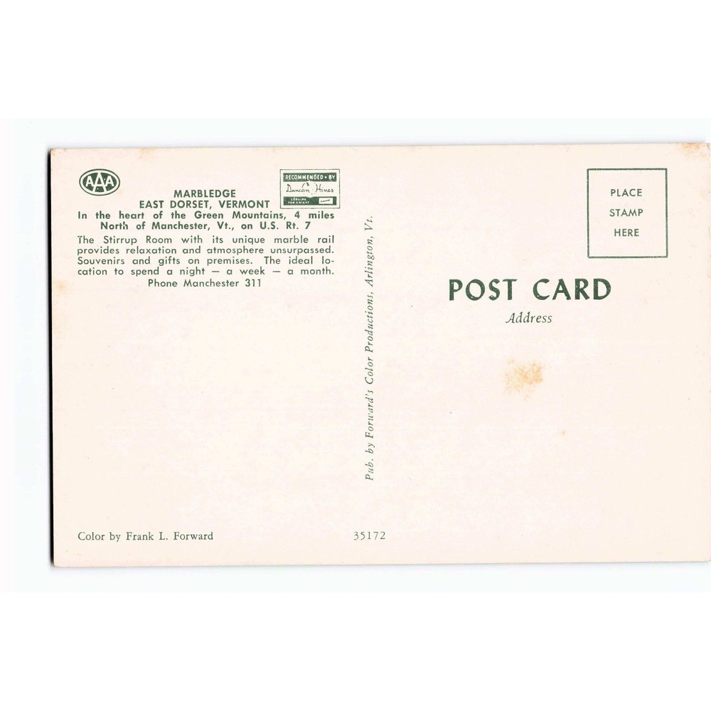 Vintage Marbledge The Stirrup Room Postcard East Dorset Vermont Interior Chrome - Picture 2 of 2